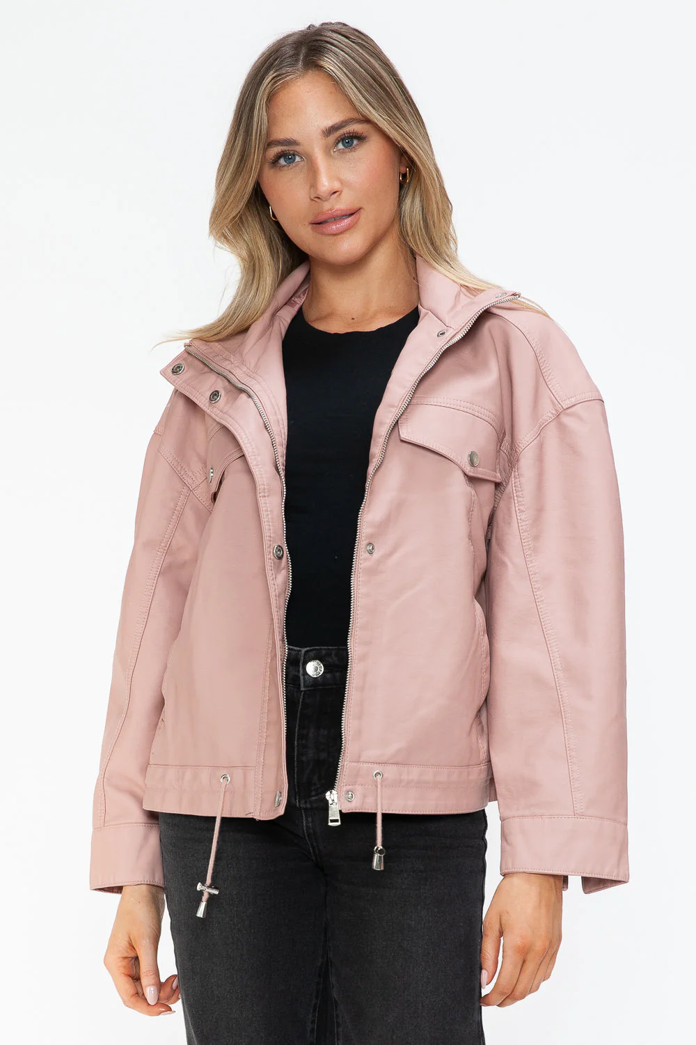 How Dare U Drawstring Hem PU Leather Zip Up Jacket - Image 9