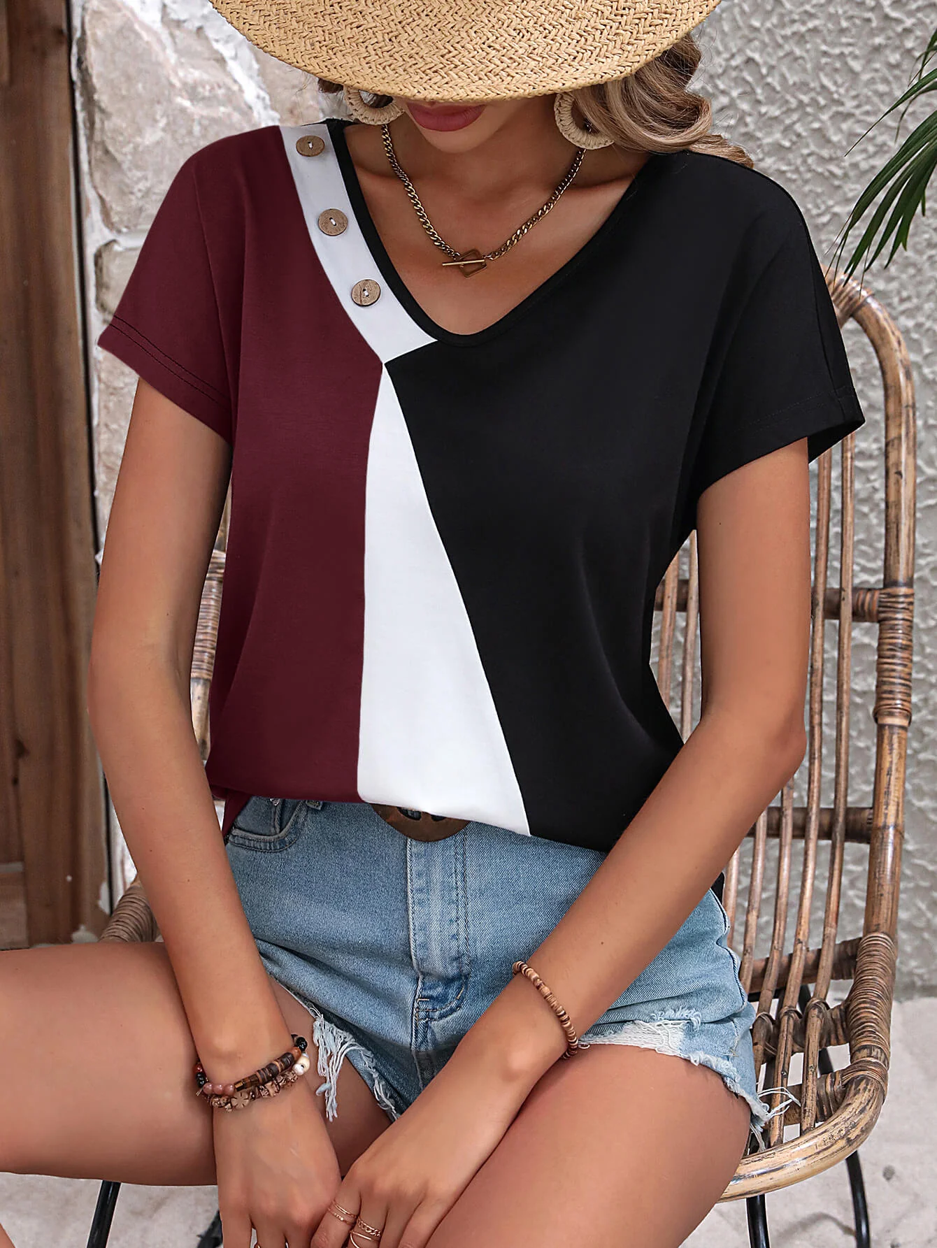 Ivy Lane Color Block Decorative Button V-Neck Tee - Image 10