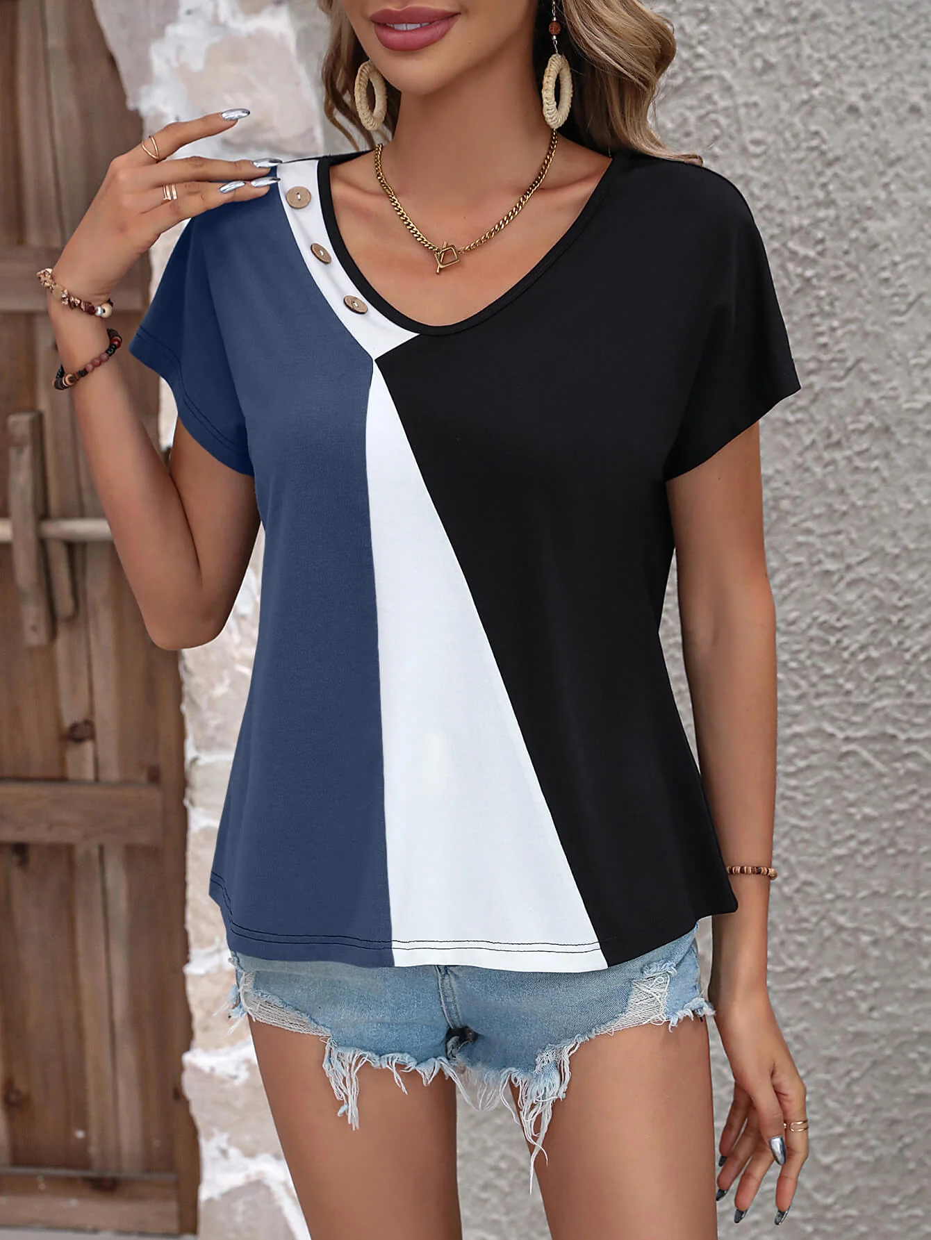 Ivy Lane Color Block Decorative Button V-Neck Tee - Image 14
