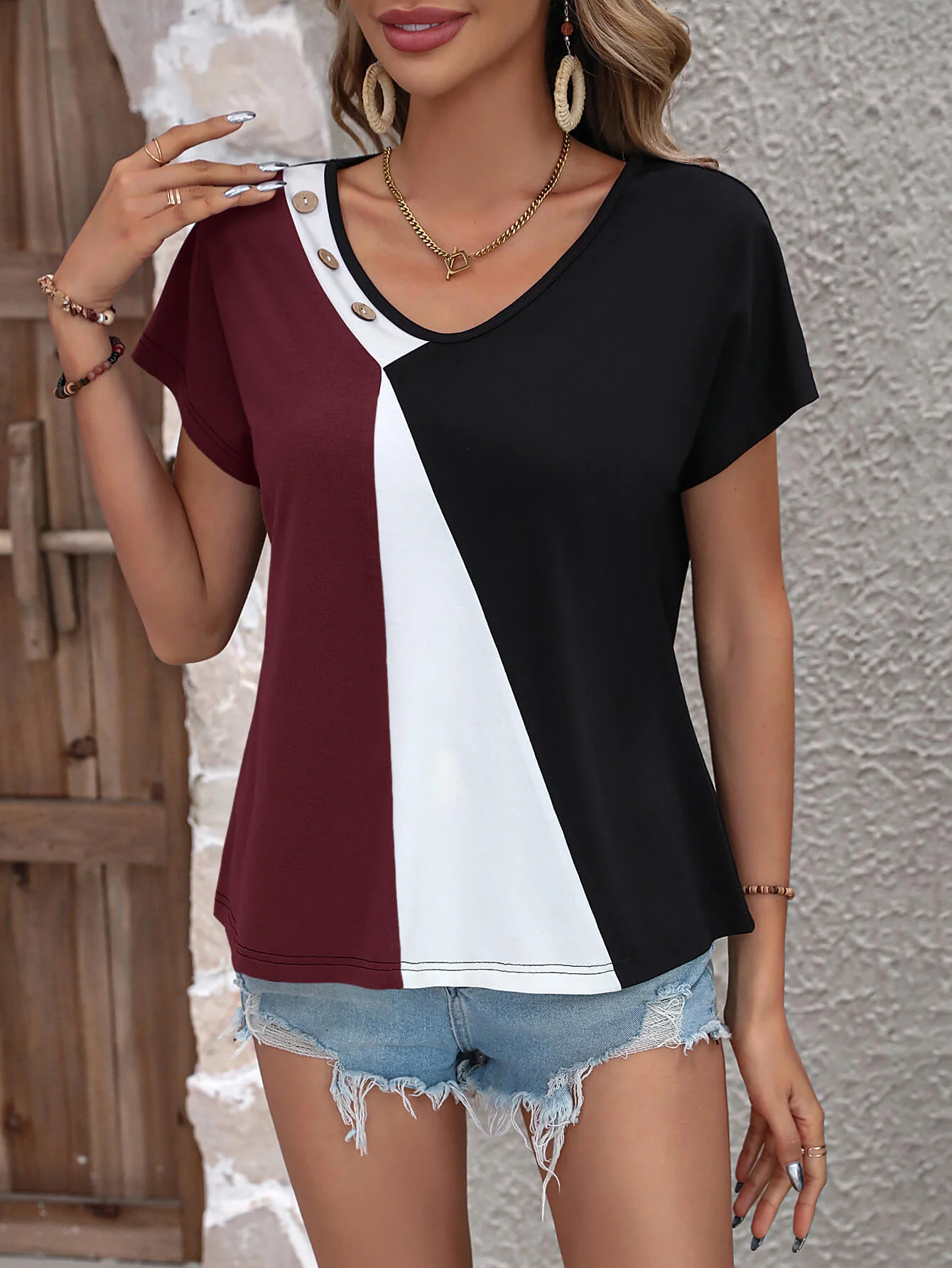 Ivy Lane Color Block Decorative Button V-Neck Tee - Image 7
