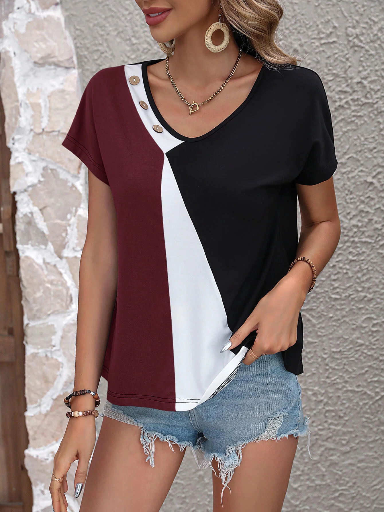 Ivy Lane Color Block Decorative Button V-Neck Tee - Image 8