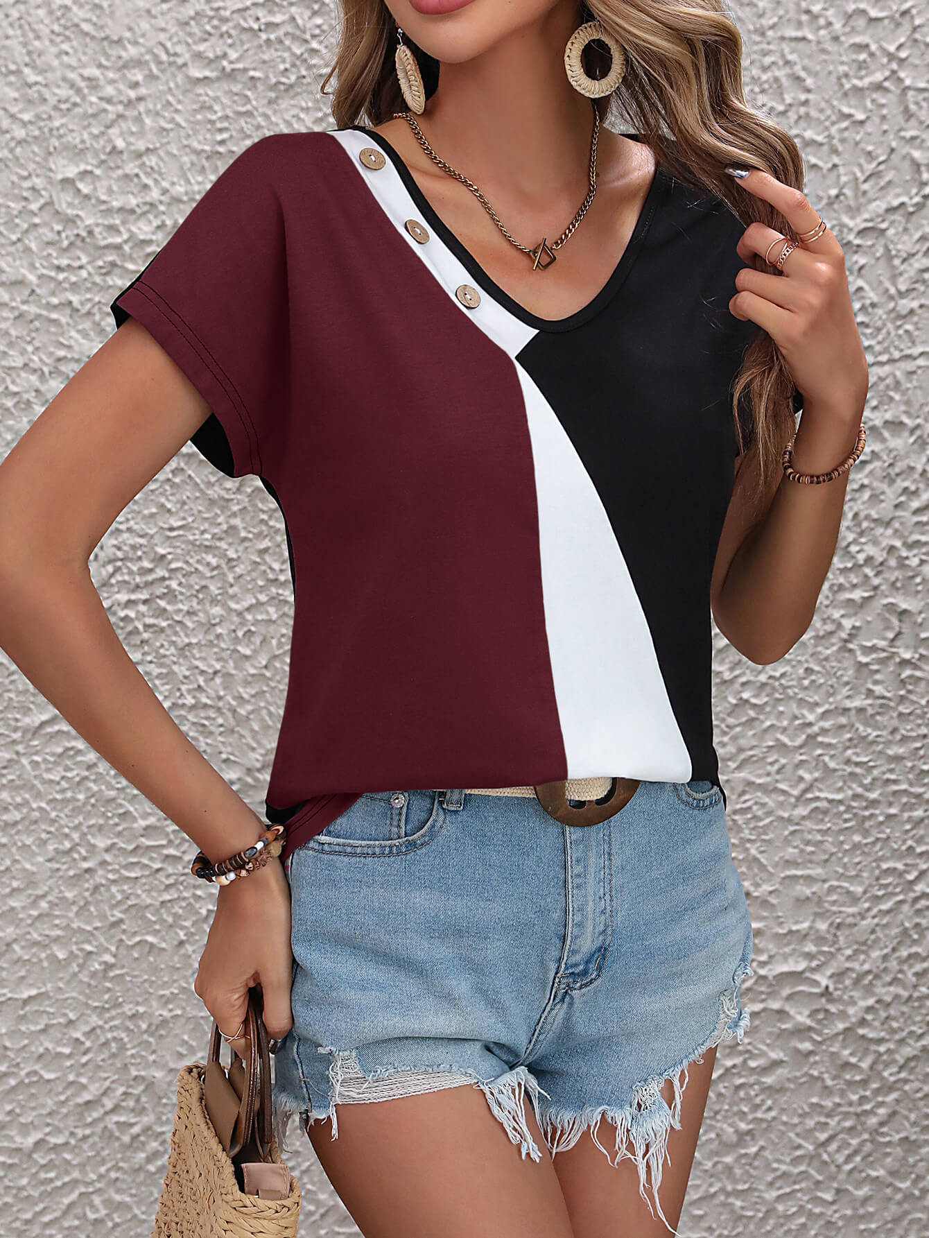 Ivy Lane Color Block Decorative Button V-Neck Tee - Image 9