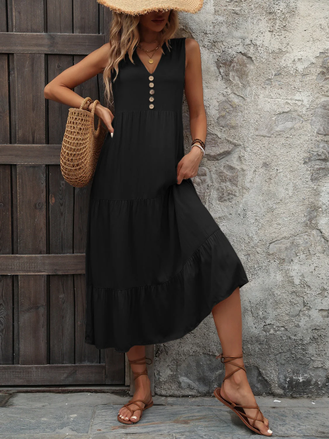 Ivy Lane Decorative Button Notched Sleeveless Dress - Image 10