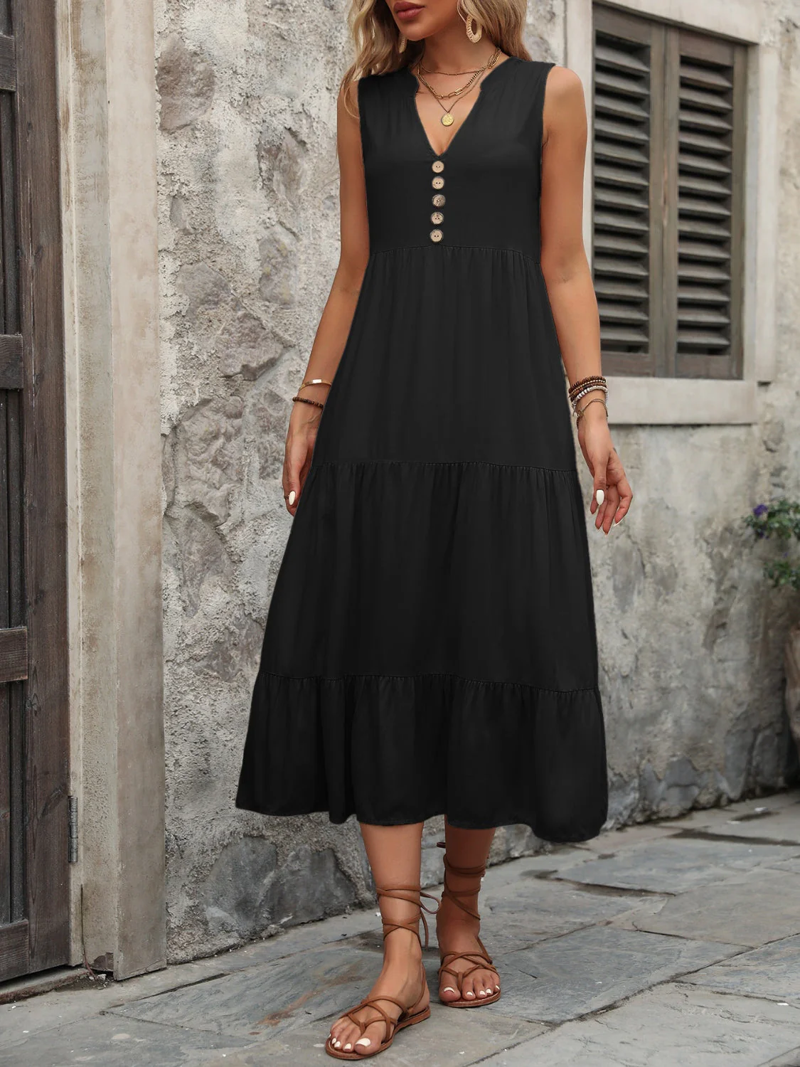Ivy Lane Decorative Button Notched Sleeveless Dress - Image 12