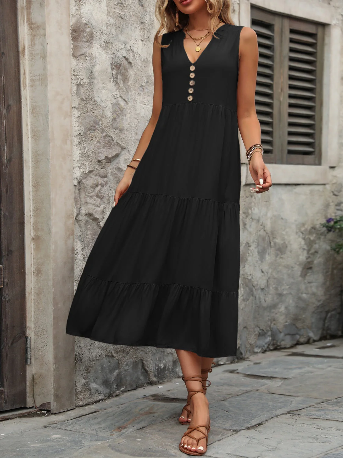 Ivy Lane Decorative Button Notched Sleeveless Dress - Image 13