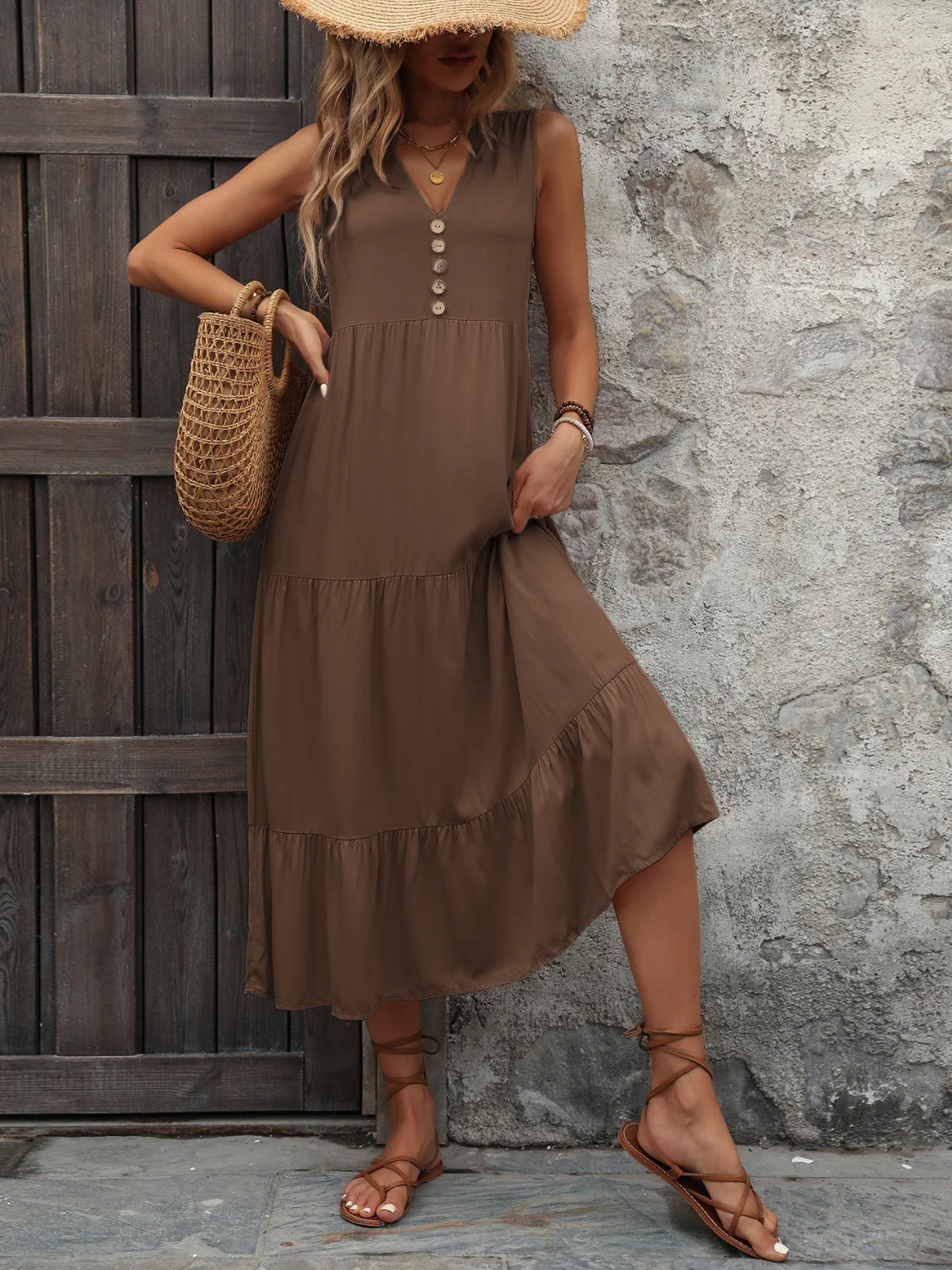 Ivy Lane Decorative Button Notched Sleeveless Dress - Image 17