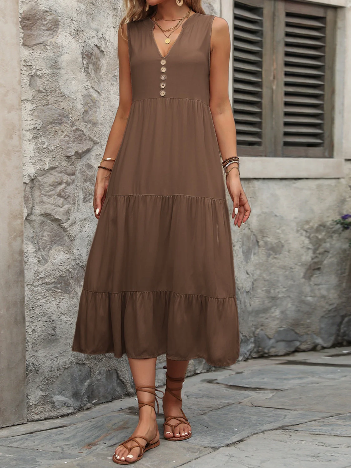 Ivy Lane Decorative Button Notched Sleeveless Dress - Image 18