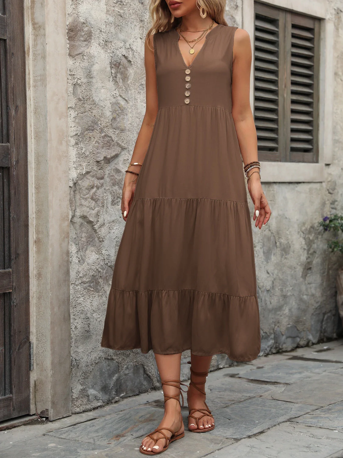 Ivy Lane Decorative Button Notched Sleeveless Dress - Image 20