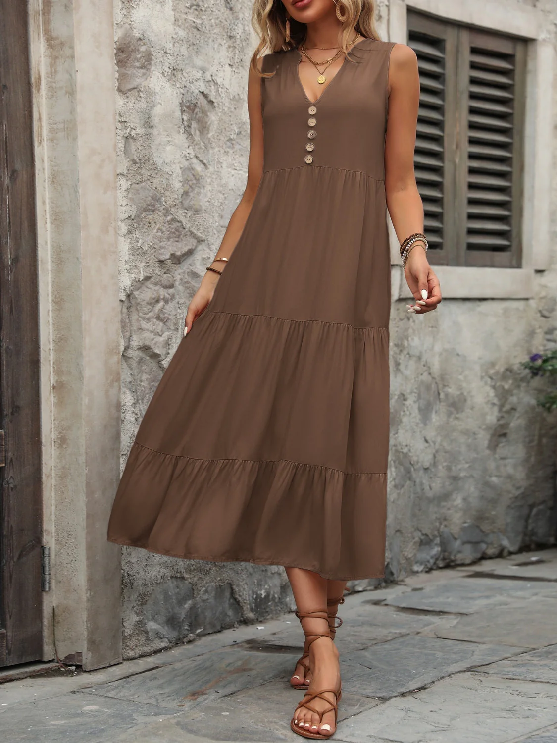 Ivy Lane Decorative Button Notched Sleeveless Dress - Image 21
