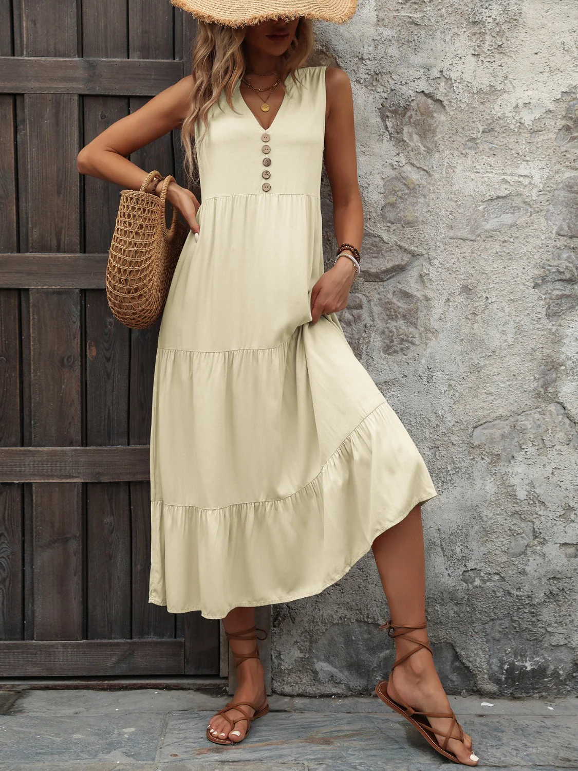 Ivy Lane Decorative Button Notched Sleeveless Dress - Image 23