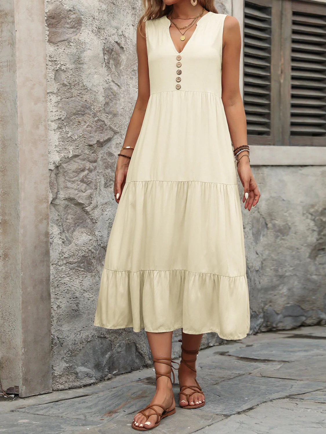 Ivy Lane Decorative Button Notched Sleeveless Dress - Image 24