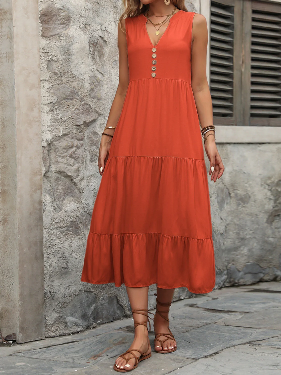 Ivy Lane Decorative Button Notched Sleeveless Dress - Image 3