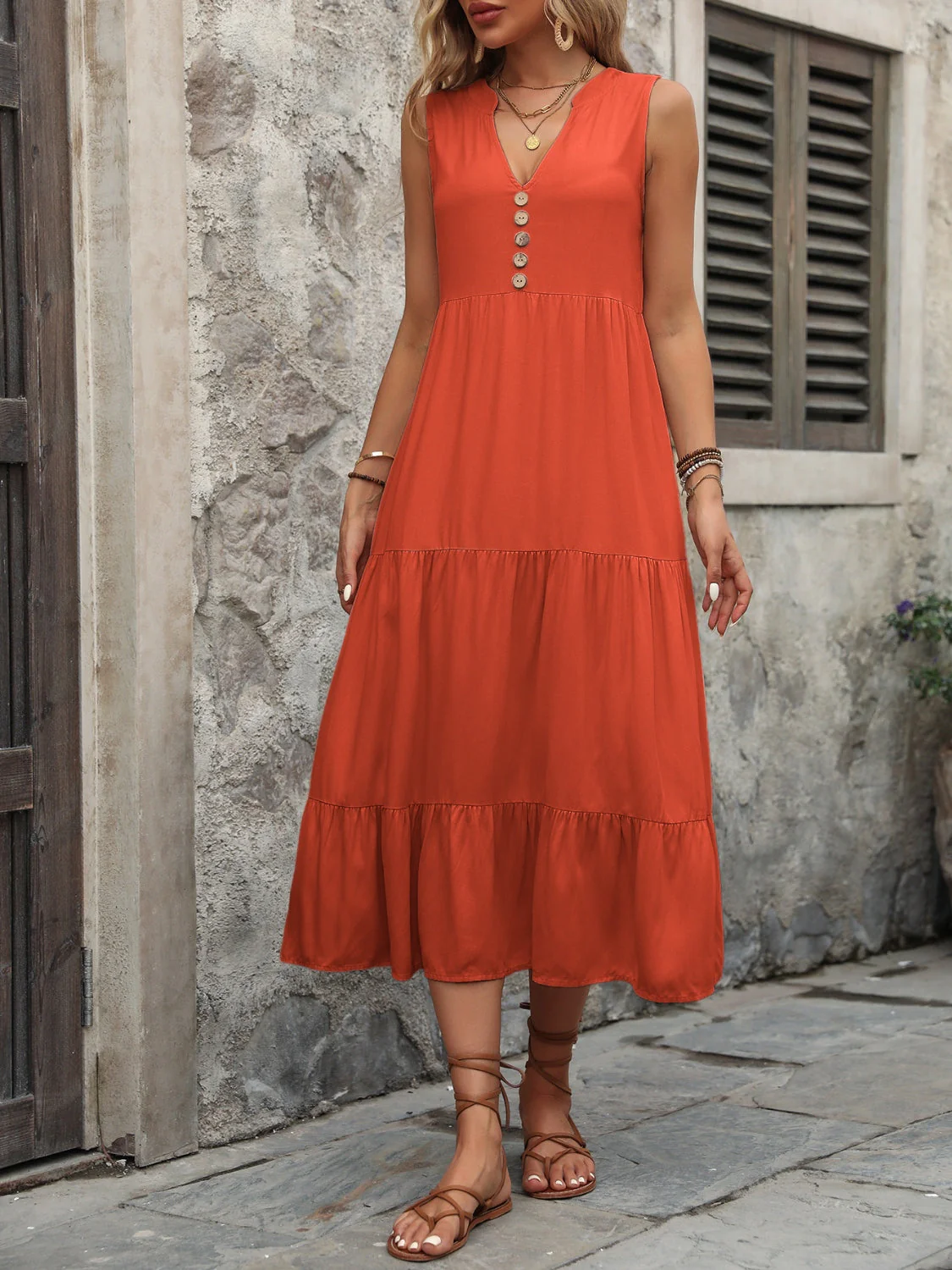 Ivy Lane Decorative Button Notched Sleeveless Dress - Image 5