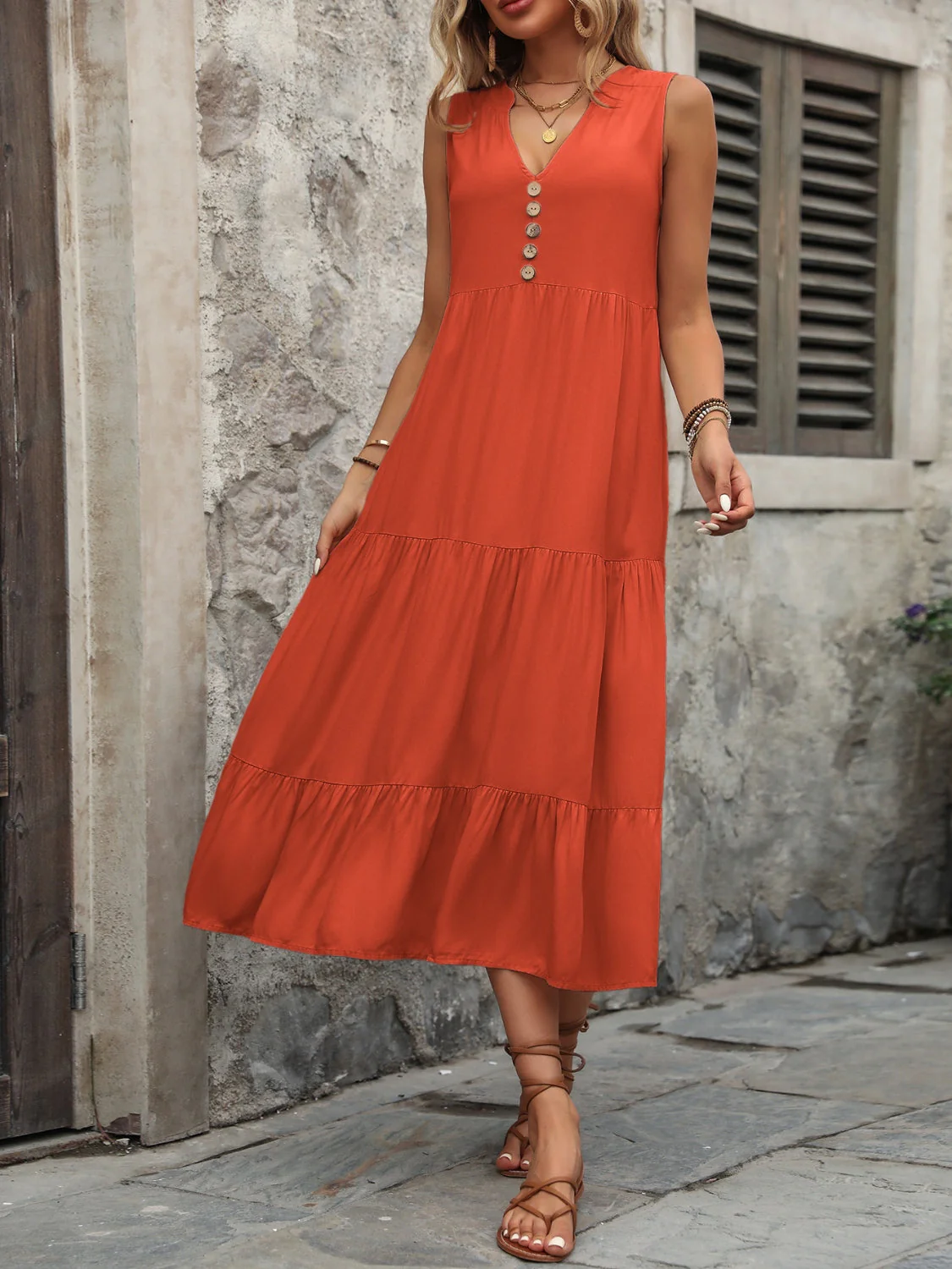 Ivy Lane Decorative Button Notched Sleeveless Dress - Image 6