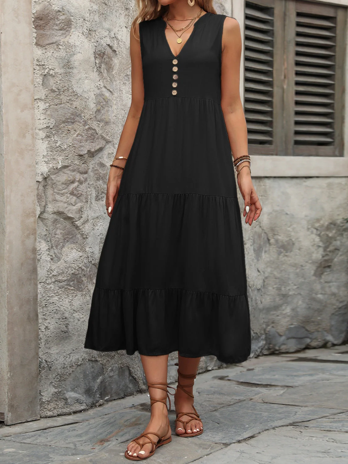 Ivy Lane Decorative Button Notched Sleeveless Dress - Image 8