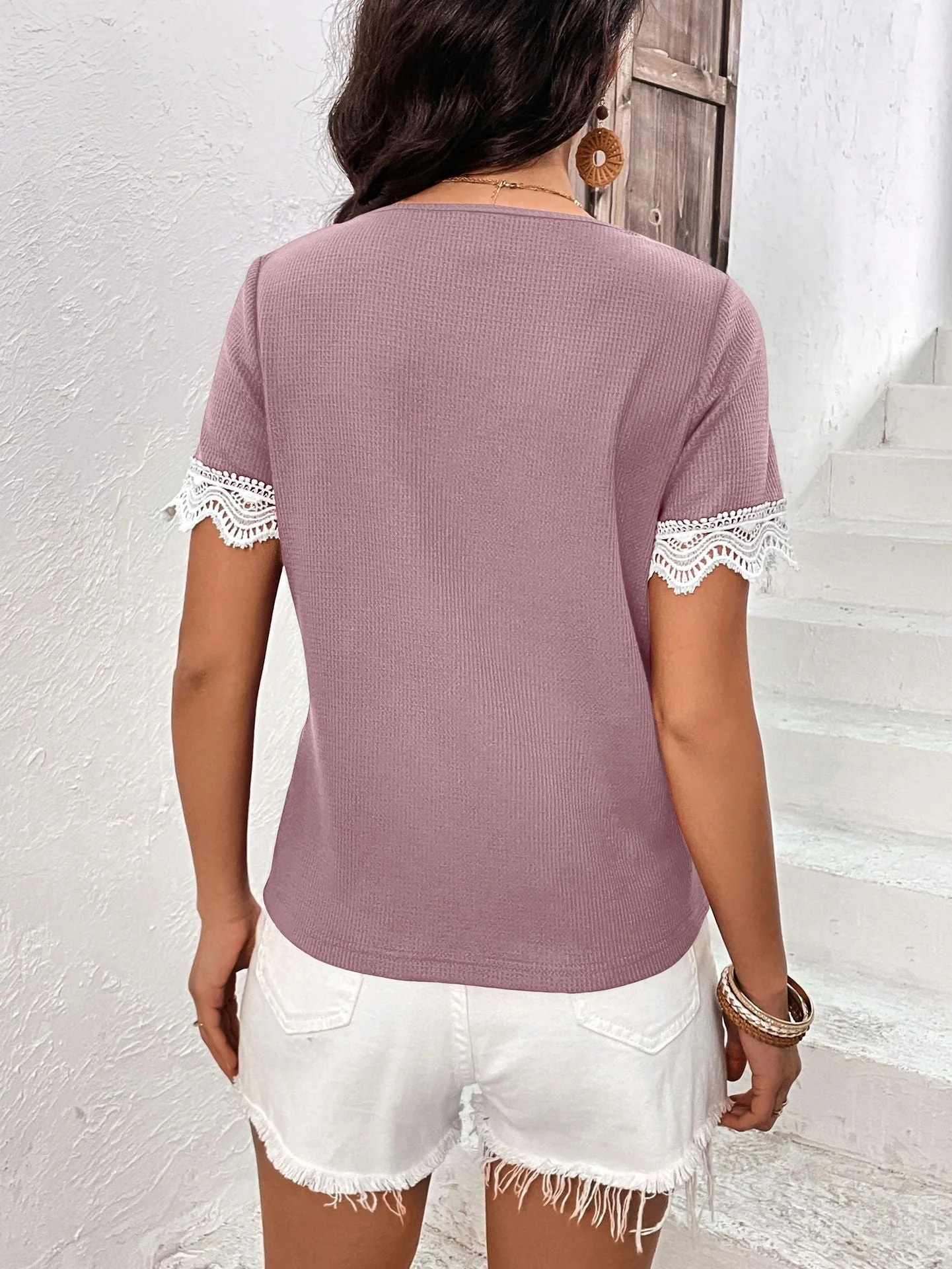Ivy Lane Decorative Button Spliced Lace Short Sleeve Top - Image 2