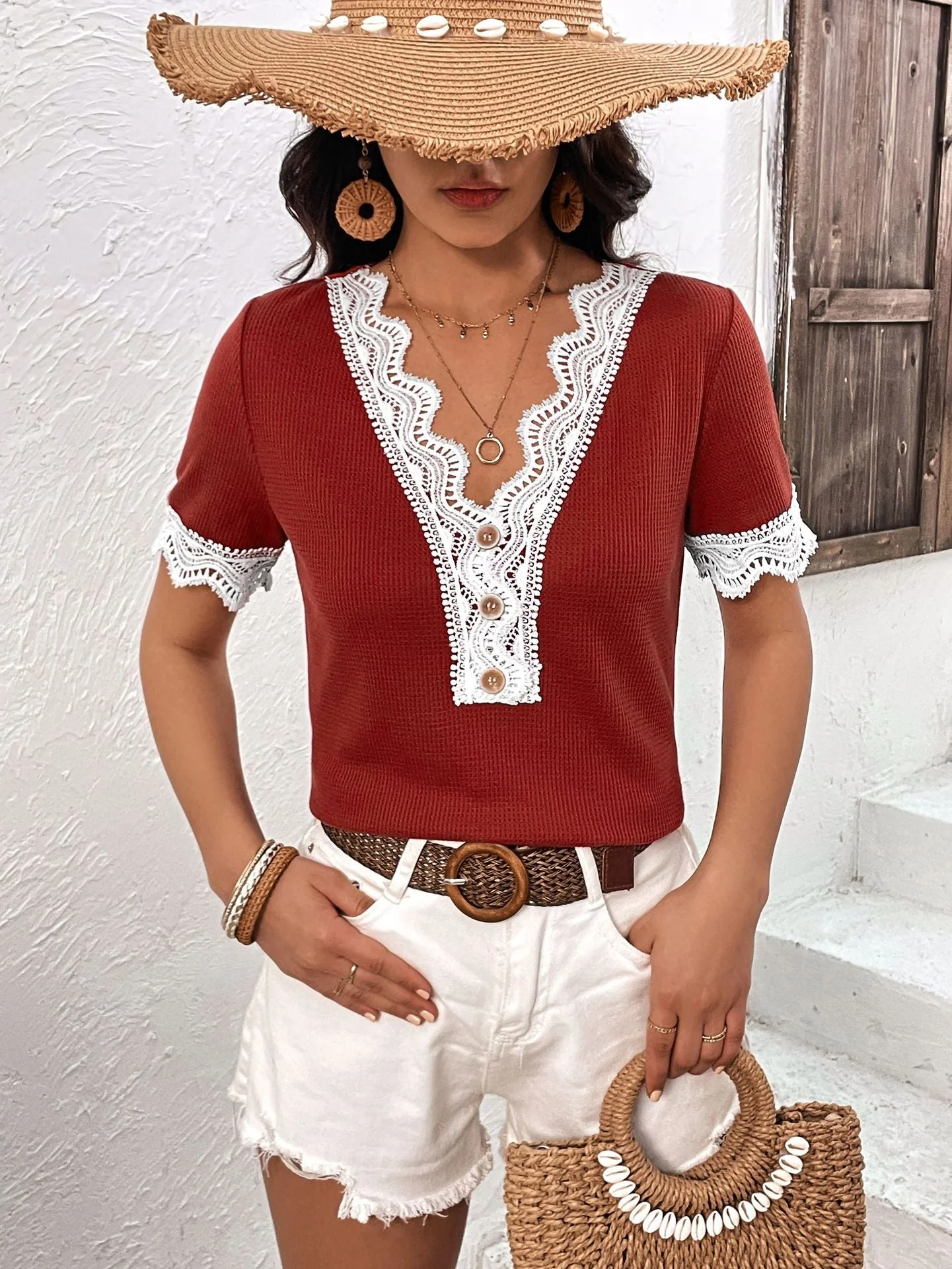 Ivy Lane Decorative Button Spliced Lace Short Sleeve Top - Image 4