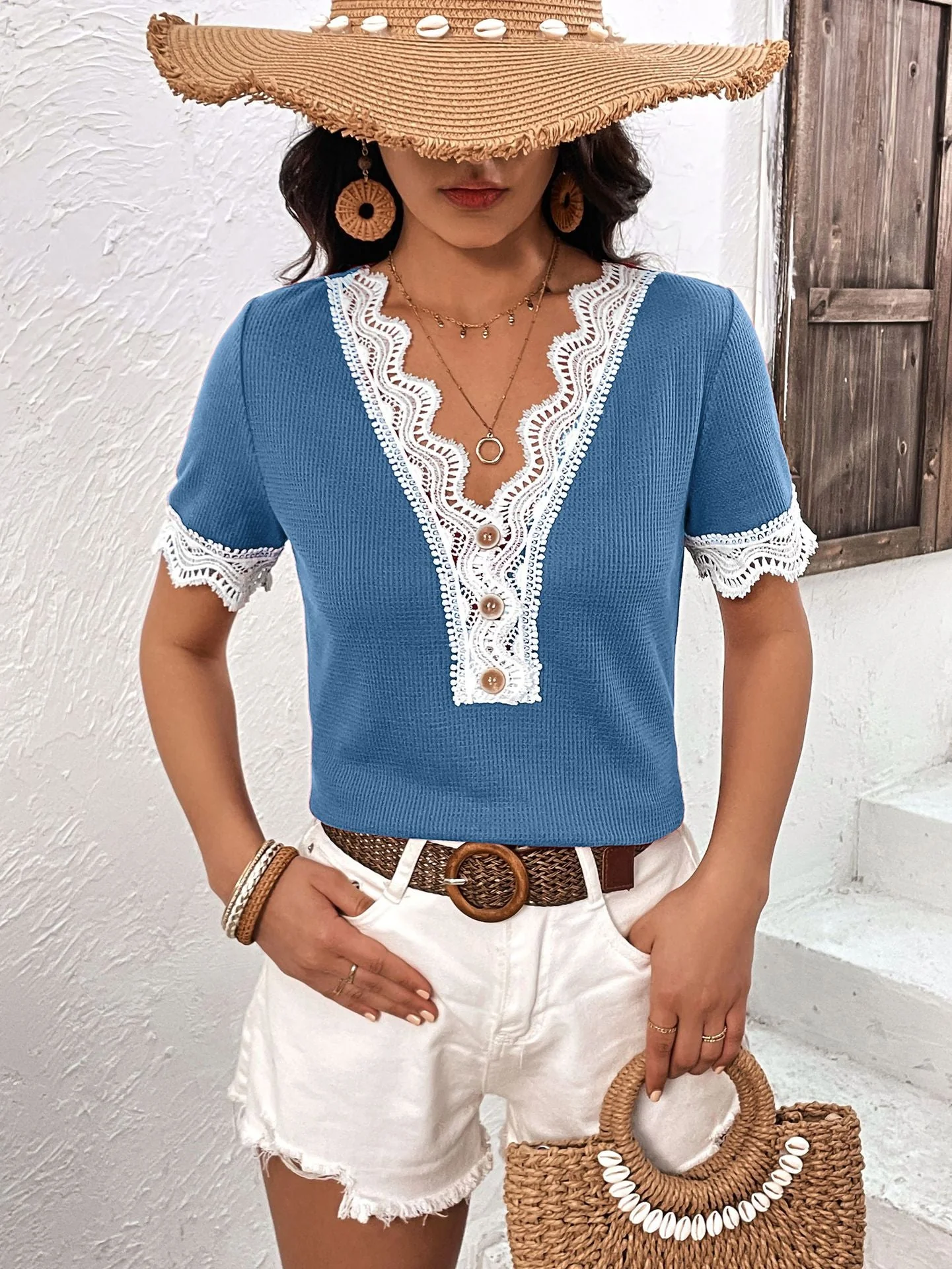 Ivy Lane Decorative Button Spliced Lace Short Sleeve Top - Image 7