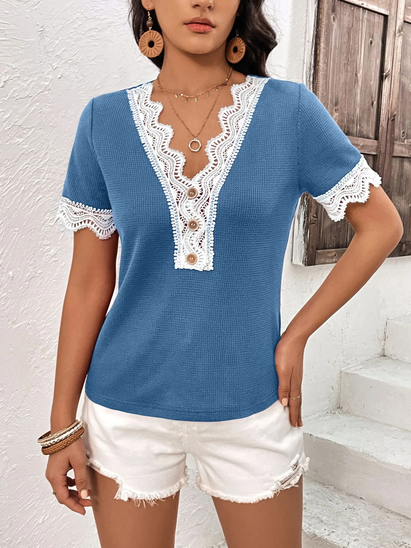 Ivy Lane Decorative Button Spliced Lace Short Sleeve Top - Image 8