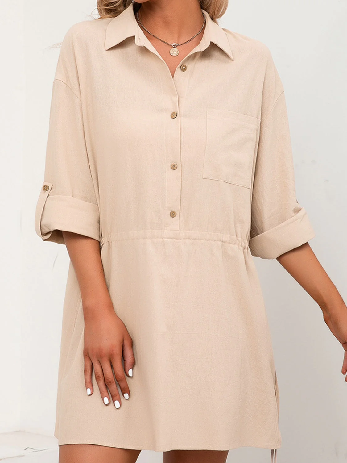 Ivy Lane Drawstring Half Button Roll-Tab Sleeve Dress - Image 3