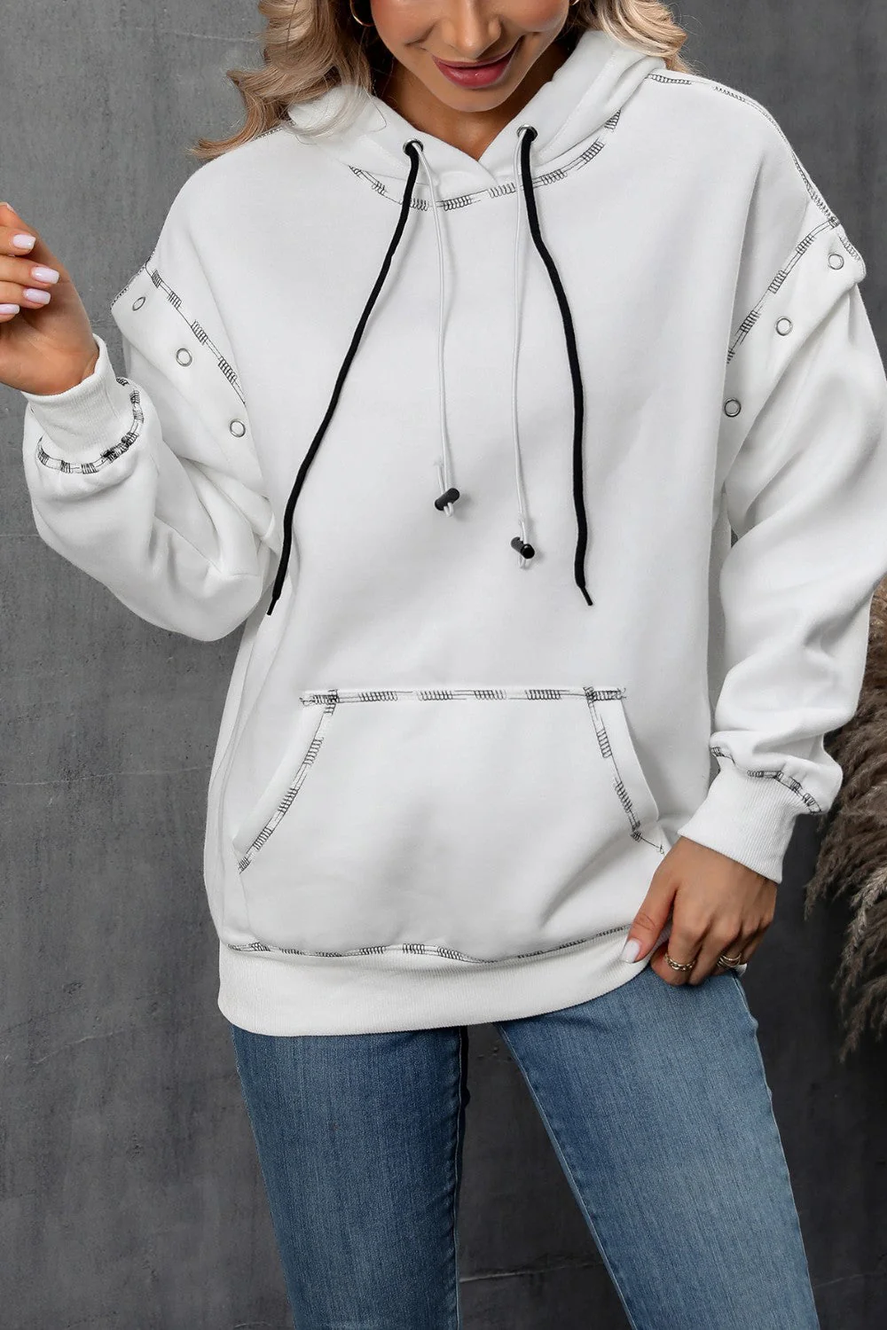Ivy Lane Drawstring Kangaroo Pocket Dropped Shoulder Hoodie - Image 2