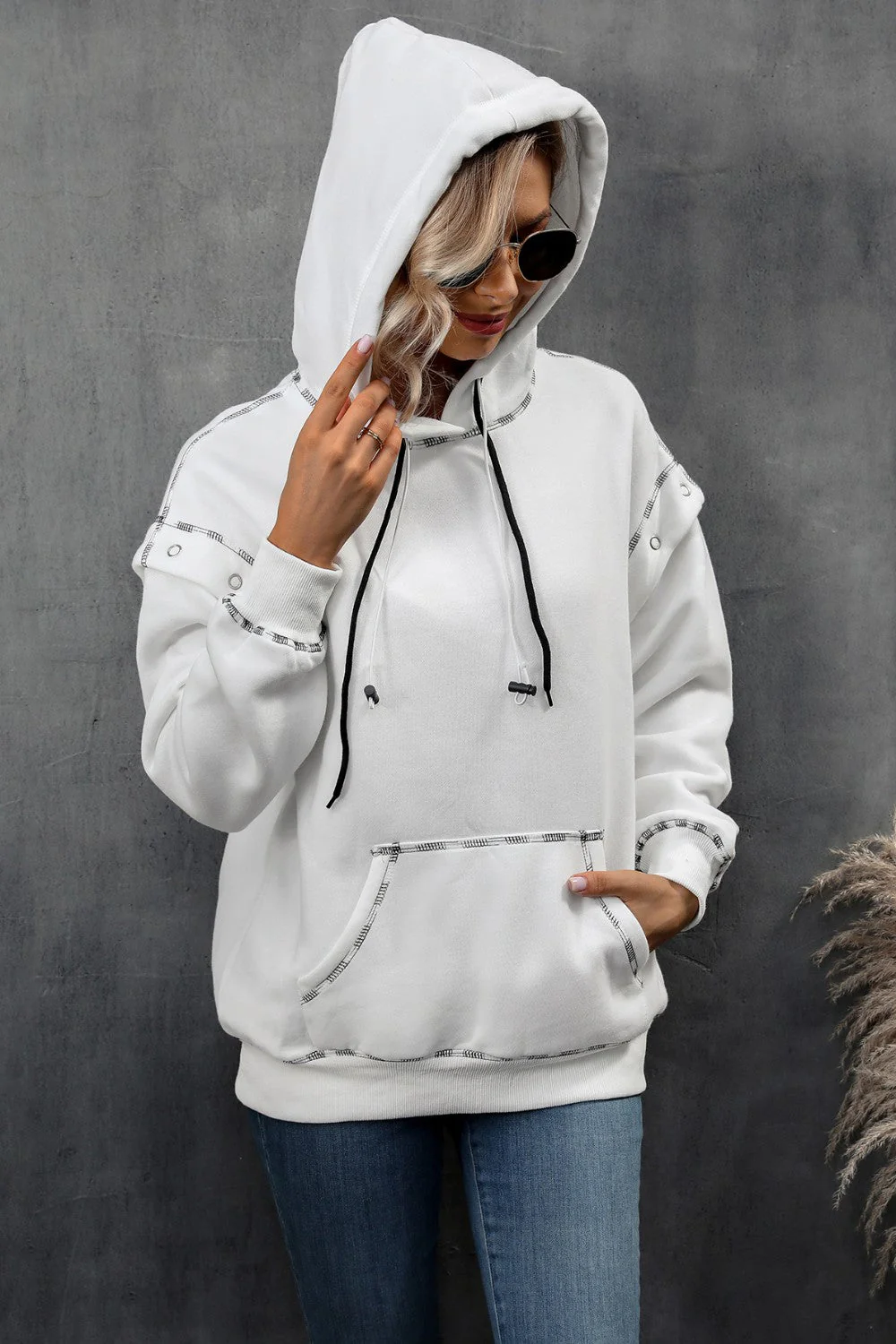 Ivy Lane Drawstring Kangaroo Pocket Dropped Shoulder Hoodie - Image 4