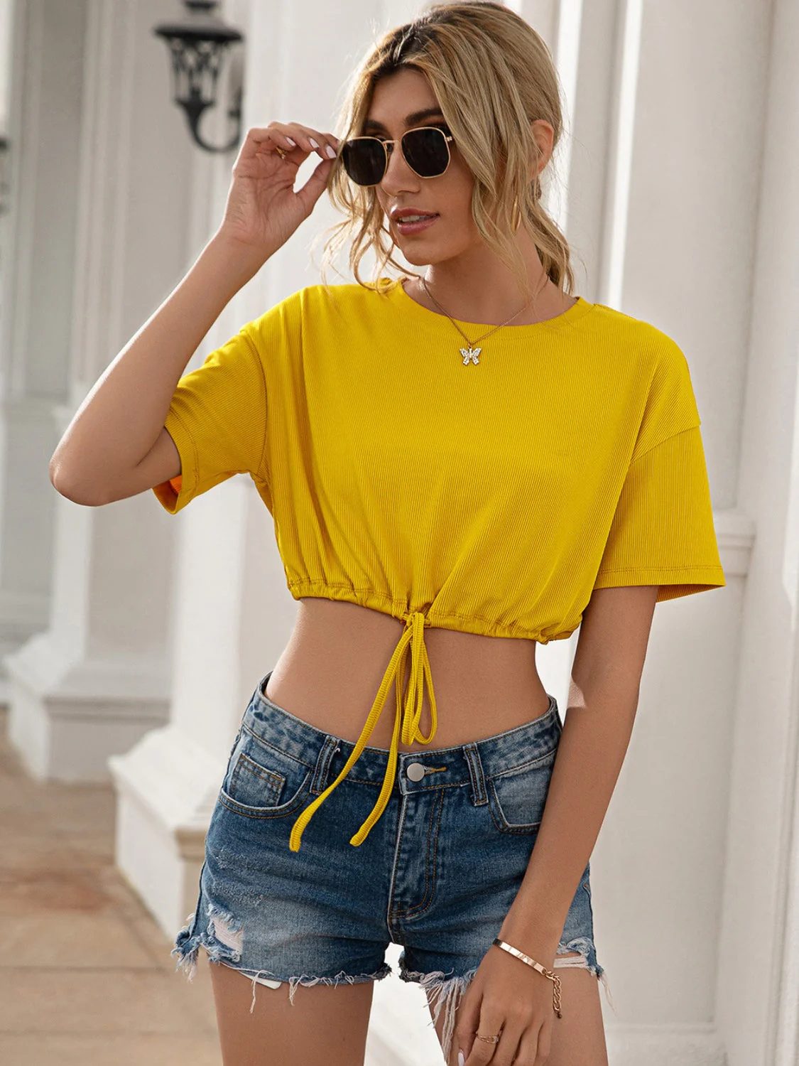 Ivy Lane Drawstring Round Neck Short Sleeve T-Shirt - Image 2