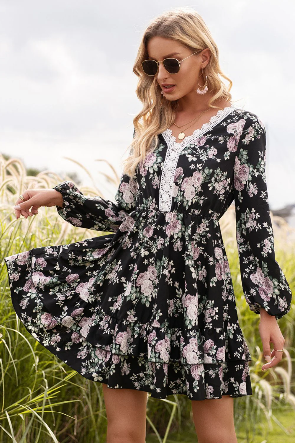 Ivy Lane Floral Lace Trim Long Sleeve Dress - Image 3