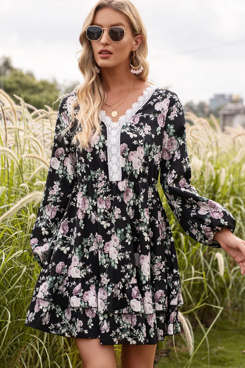 Ivy Lane Floral Lace Trim Long Sleeve Dress - Image 4