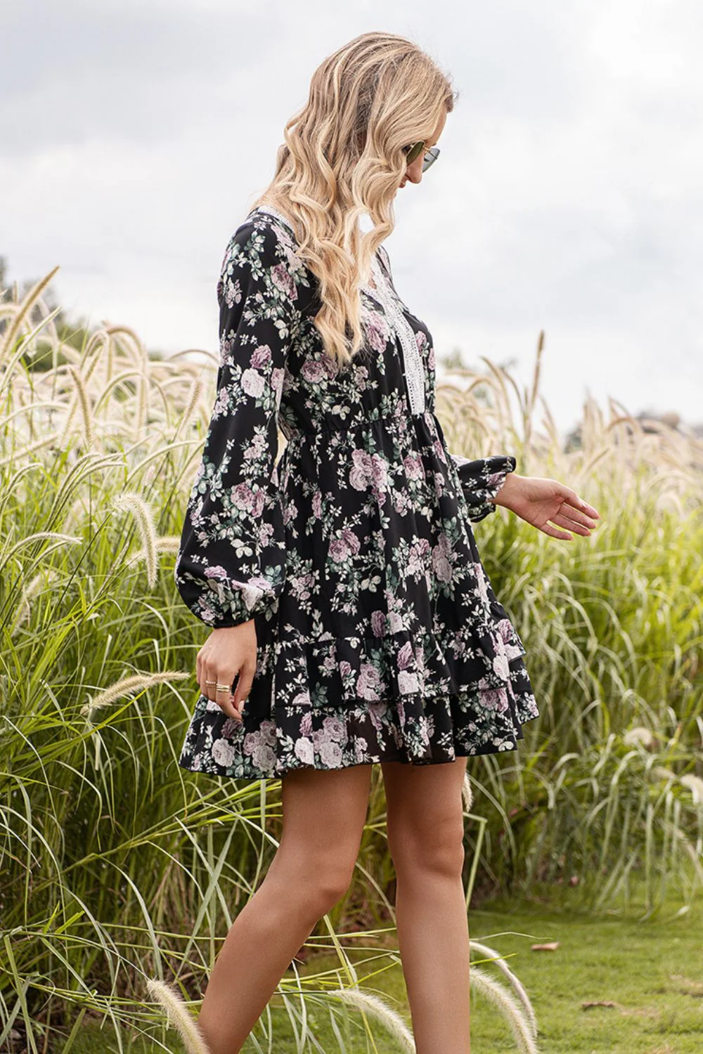 Ivy Lane Floral Lace Trim Long Sleeve Dress - Image 5