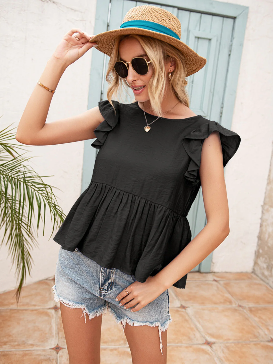 Ivy Lane Lace Detail Round Neck Peplum T-Shirt - Image 7