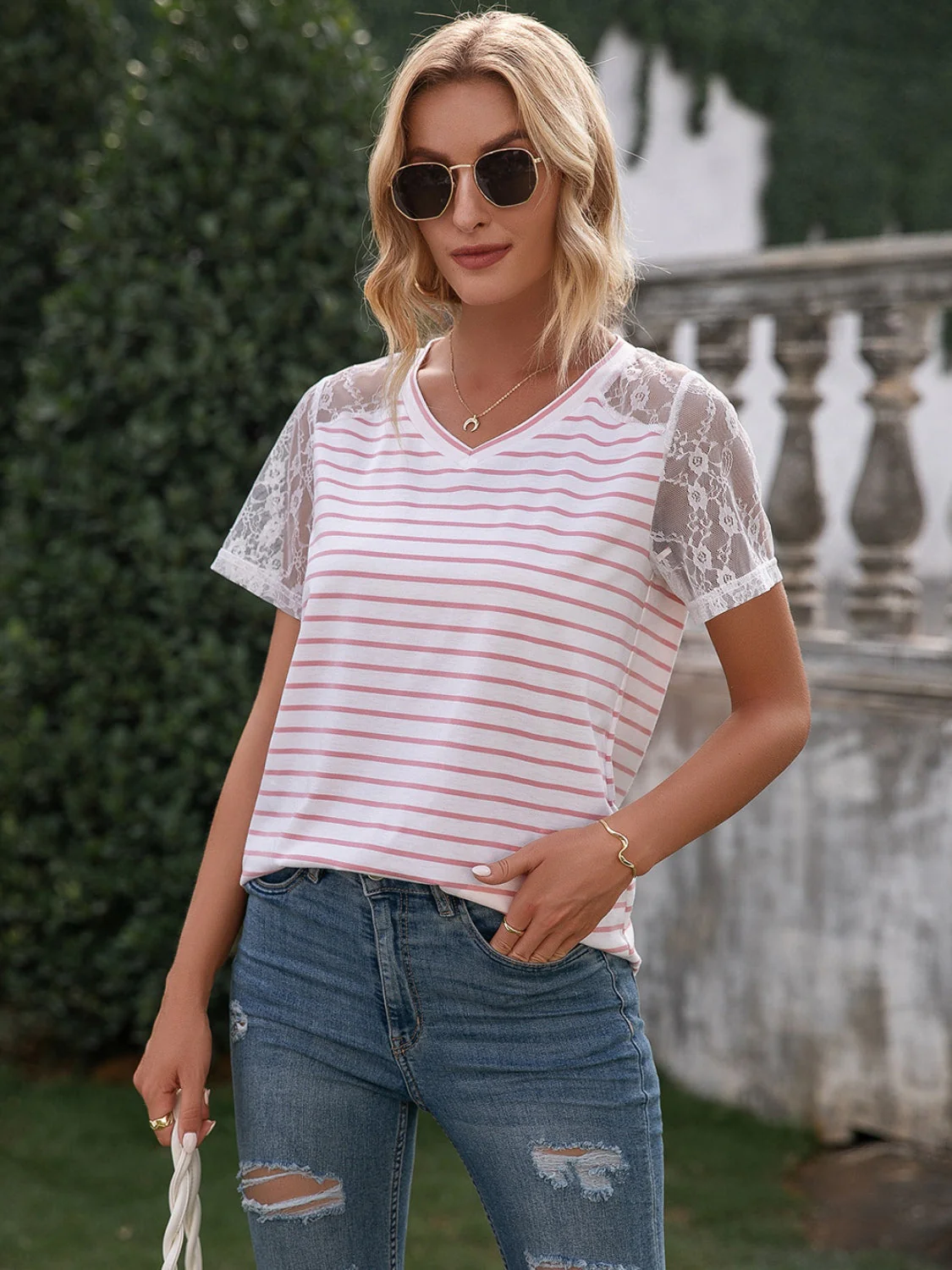 Ivy Lane Lace Detail Striped V-Neck T-Shirt - Image 6