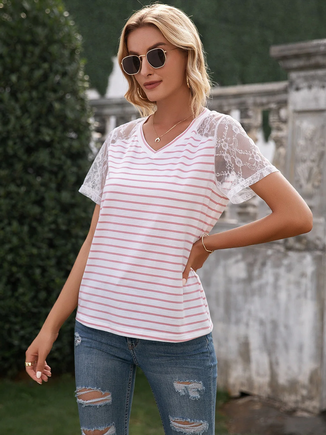 Ivy Lane Lace Detail Striped V-Neck T-Shirt - Image 8
