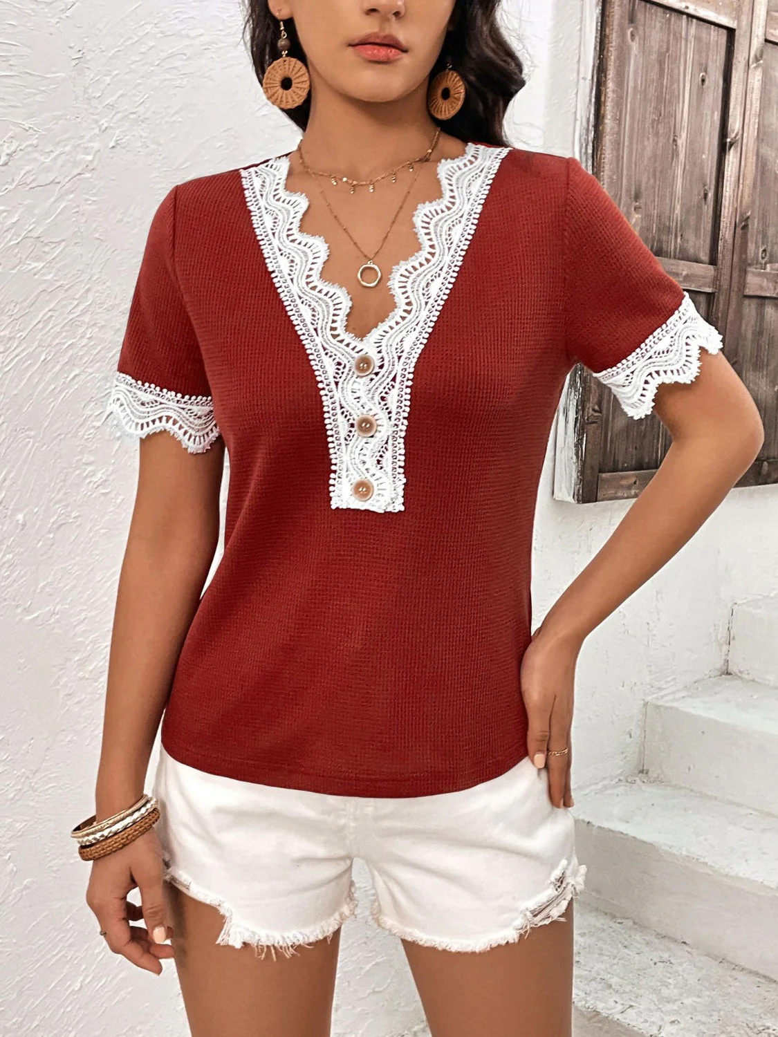 Ivy Lane Lace Detail V-Neck Short Sleeve T-Shirt - Image 3