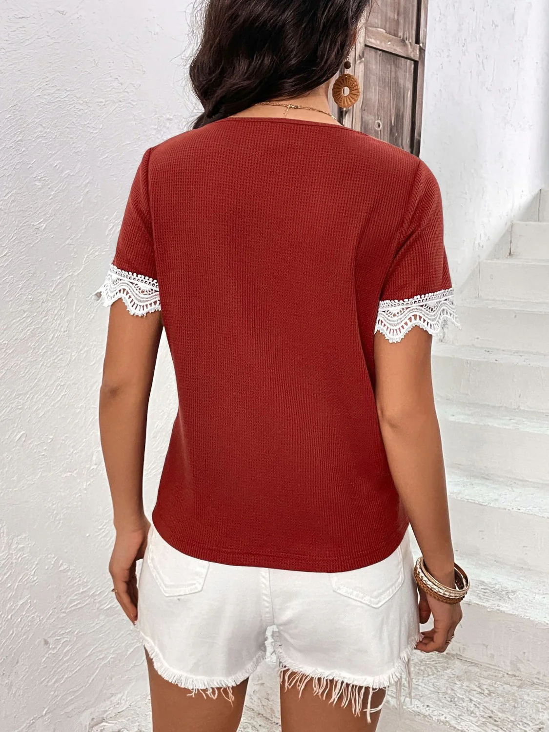 Ivy Lane Lace Detail V-Neck Short Sleeve T-Shirt - Image 4