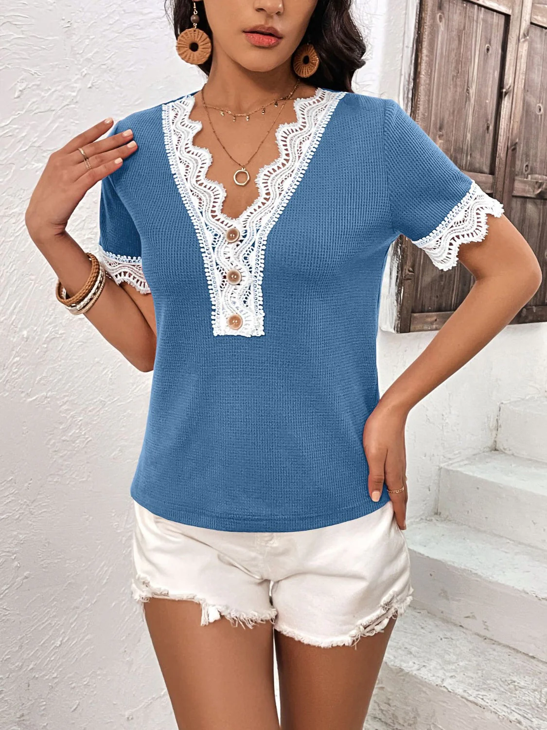 Ivy Lane Lace Detail V-Neck Short Sleeve T-Shirt - Image 5