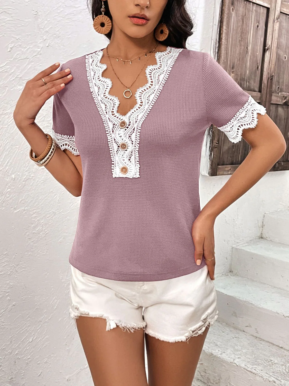 Ivy Lane Lace Detail V-Neck Short Sleeve T-Shirt - Image 9