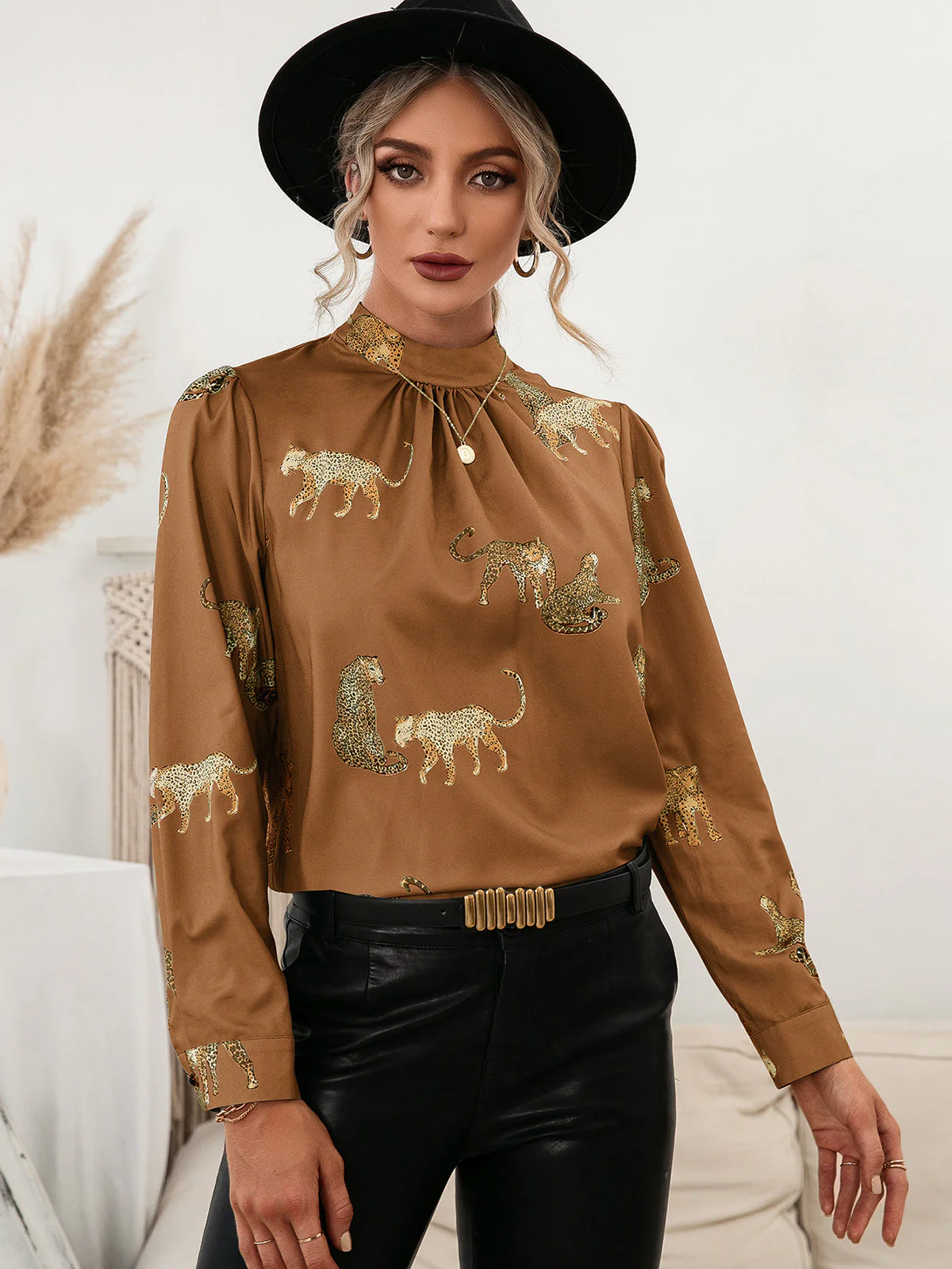 Ivy Lane Leopard Graphic Mock Neck Puff Sleeve Blouse - Image 10