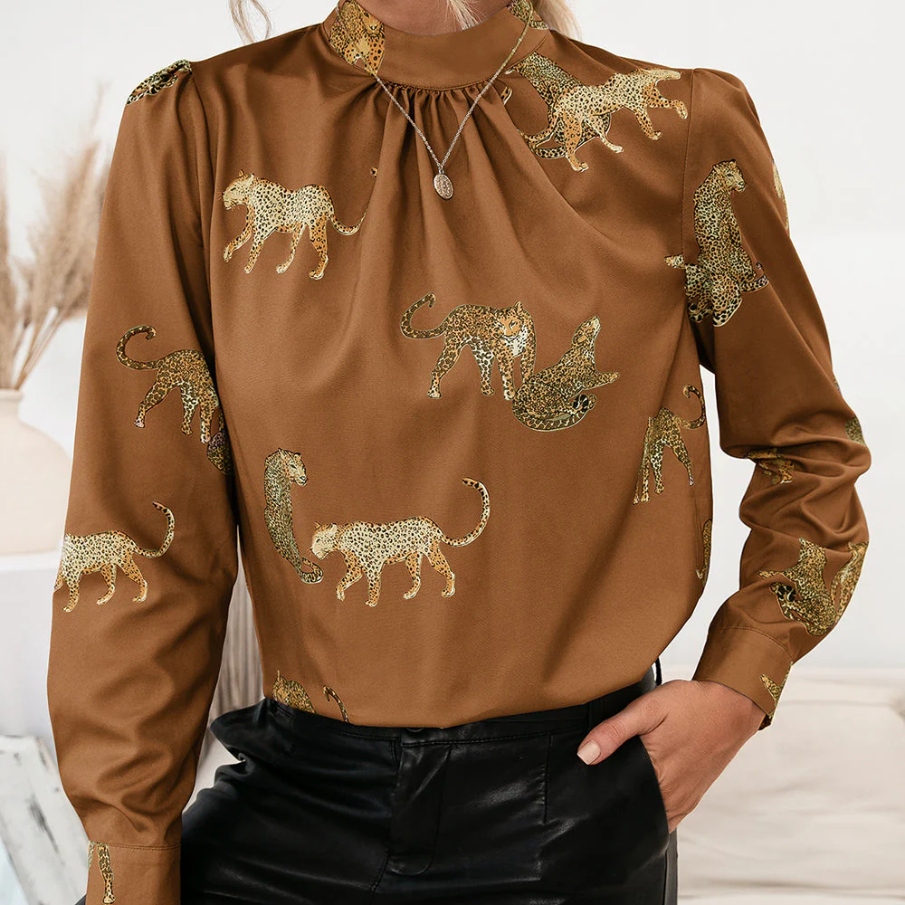 Ivy Lane Leopard Graphic Mock Neck Puff Sleeve Blouse - Image 11