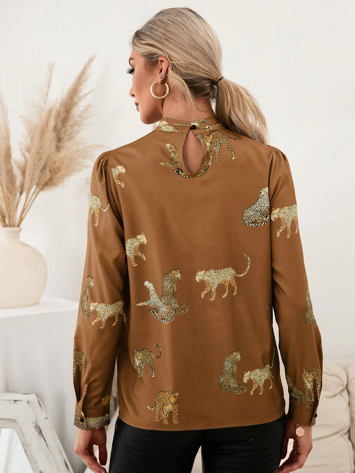 Ivy Lane Leopard Graphic Mock Neck Puff Sleeve Blouse - Image 12