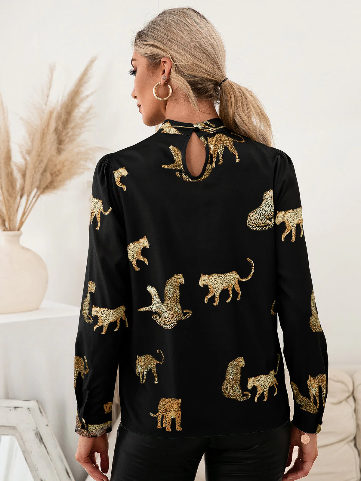 Ivy Lane Leopard Graphic Mock Neck Puff Sleeve Blouse - Image 2