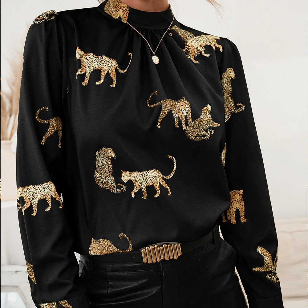 Ivy Lane Leopard Graphic Mock Neck Puff Sleeve Blouse - Image 3