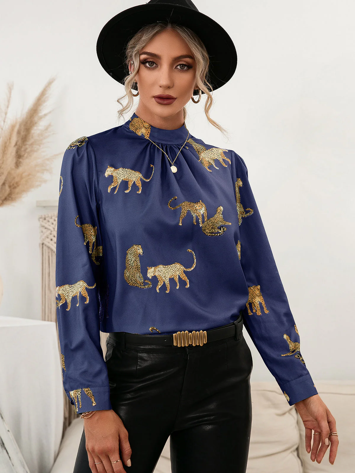 Ivy Lane Leopard Graphic Mock Neck Puff Sleeve Blouse - Image 4