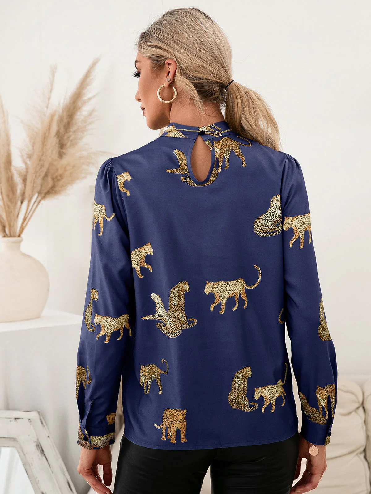 Ivy Lane Leopard Graphic Mock Neck Puff Sleeve Blouse - Image 6