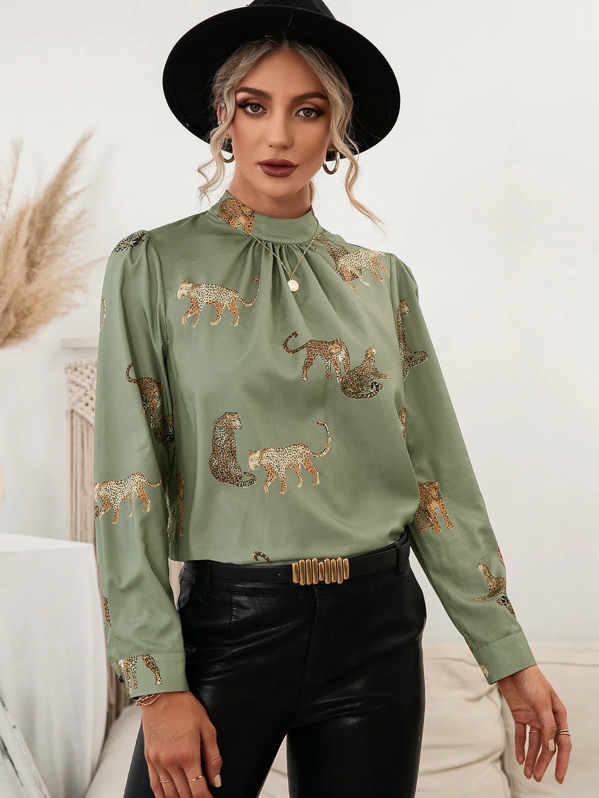 Ivy Lane Leopard Graphic Mock Neck Puff Sleeve Blouse - Image 7