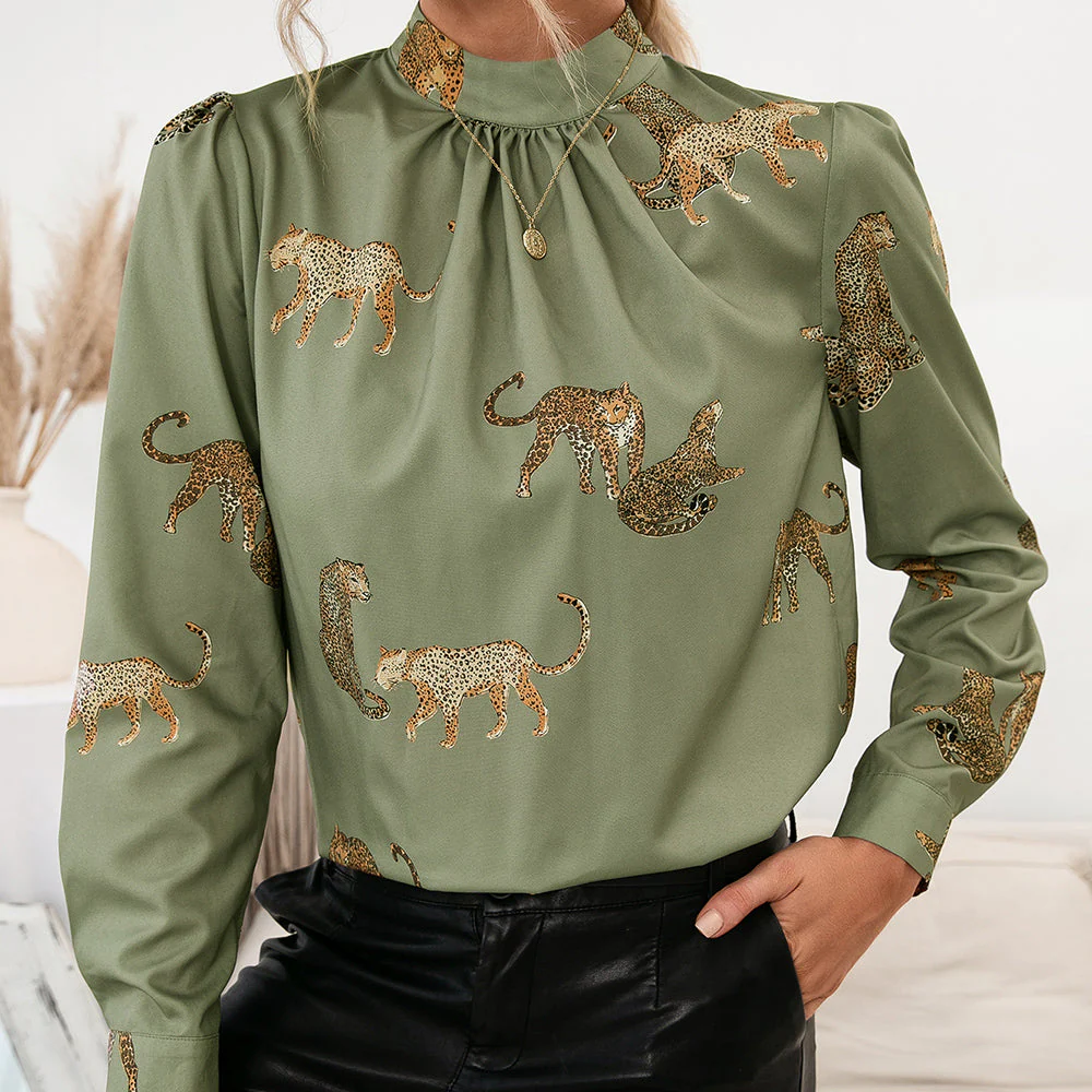 Ivy Lane Leopard Graphic Mock Neck Puff Sleeve Blouse - Image 8