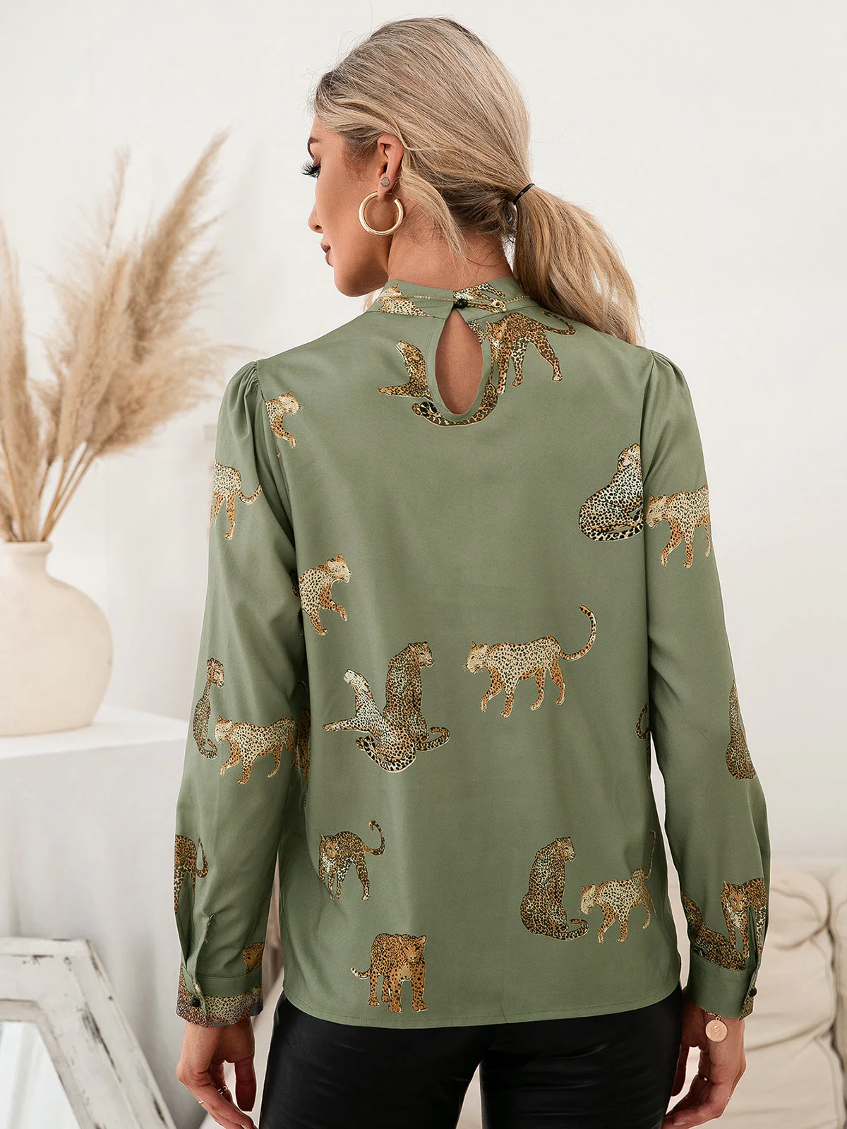 Ivy Lane Leopard Graphic Mock Neck Puff Sleeve Blouse - Image 9
