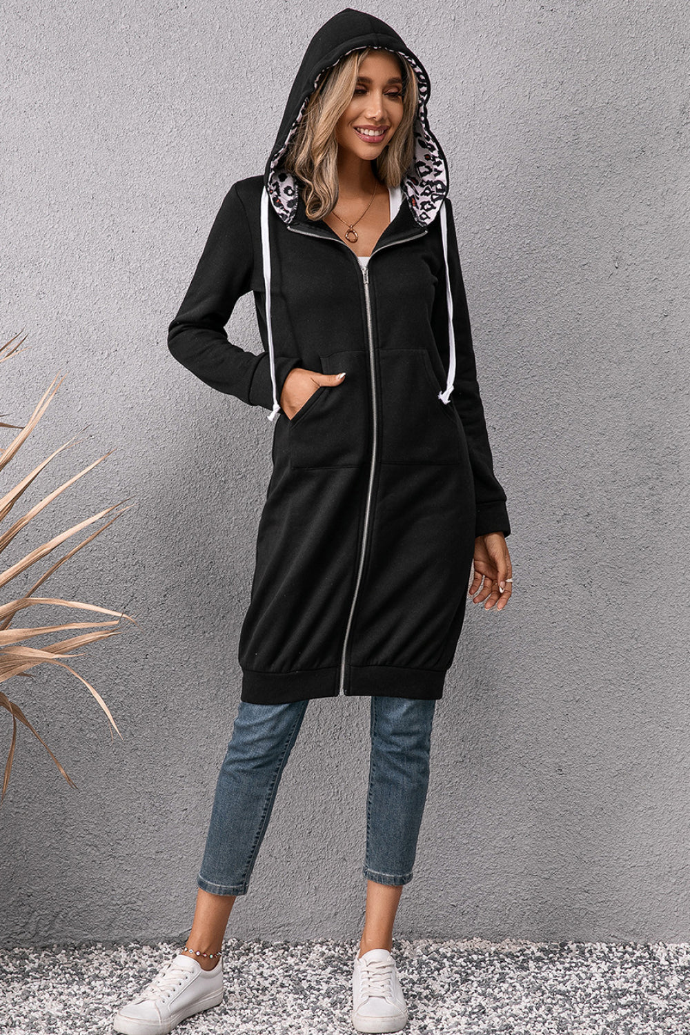 Ivy Lane Leopard Spliced Drawstring Zip Up Hoodie Dress - Image 3