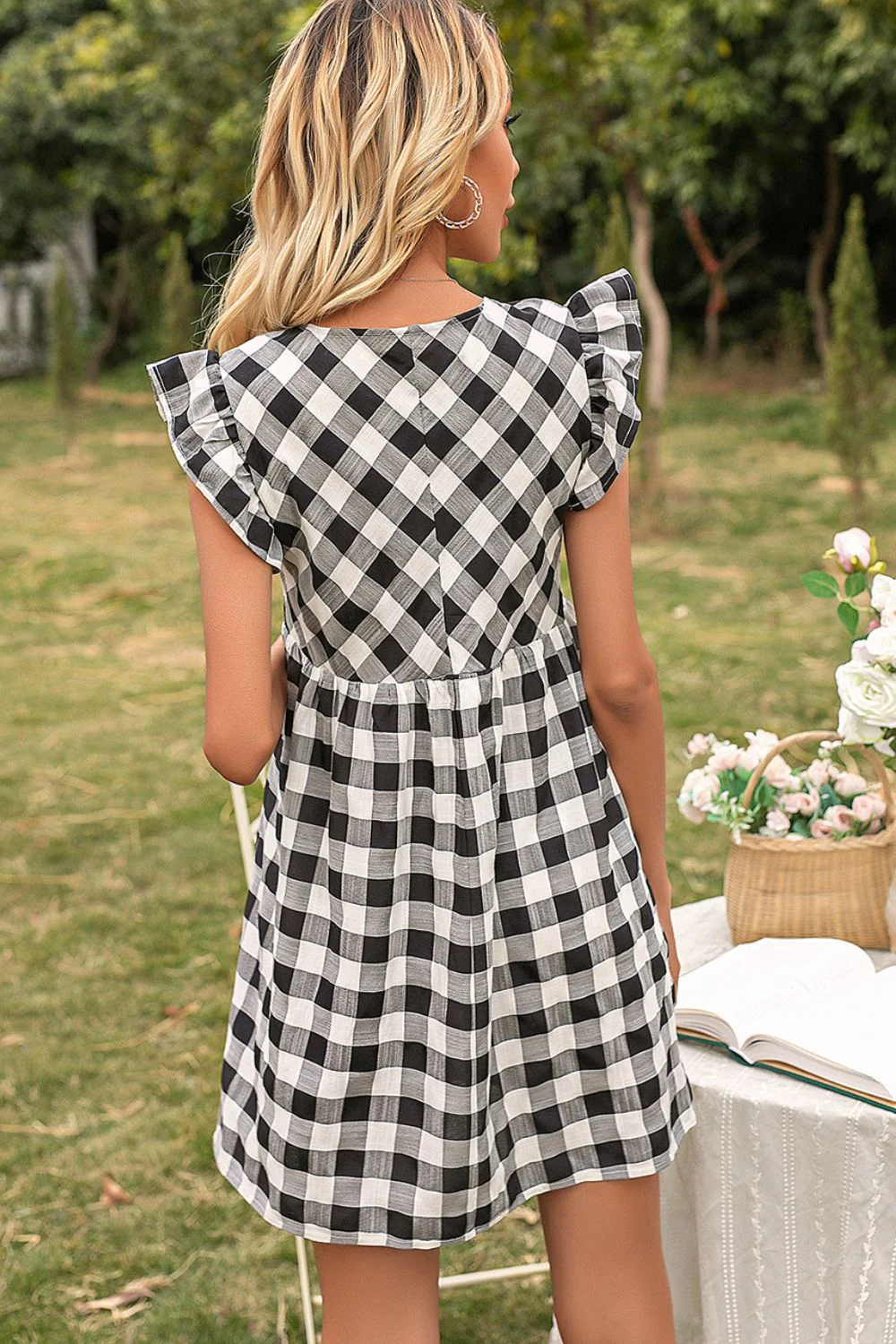 Ivy Lane Plaid Butterfly Sleeve Deep V Dress - Image 2