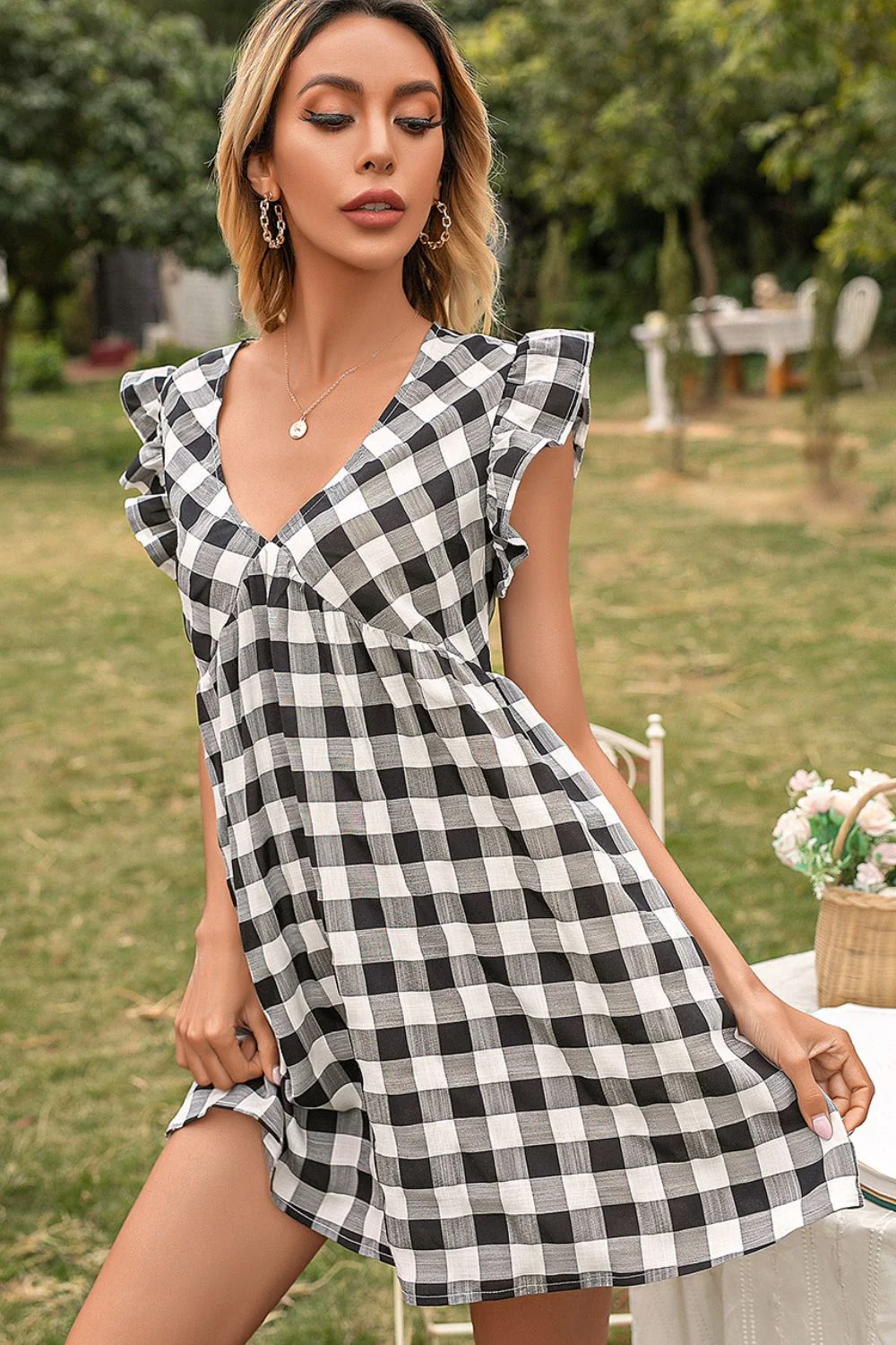 Ivy Lane Plaid Butterfly Sleeve Deep V Dress - Image 3